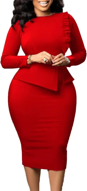 Useagrey Women Crew-Neck Plus Size Peplum Dress Church Wear to Work Bodycon Long Sleeve Midi Dresses
