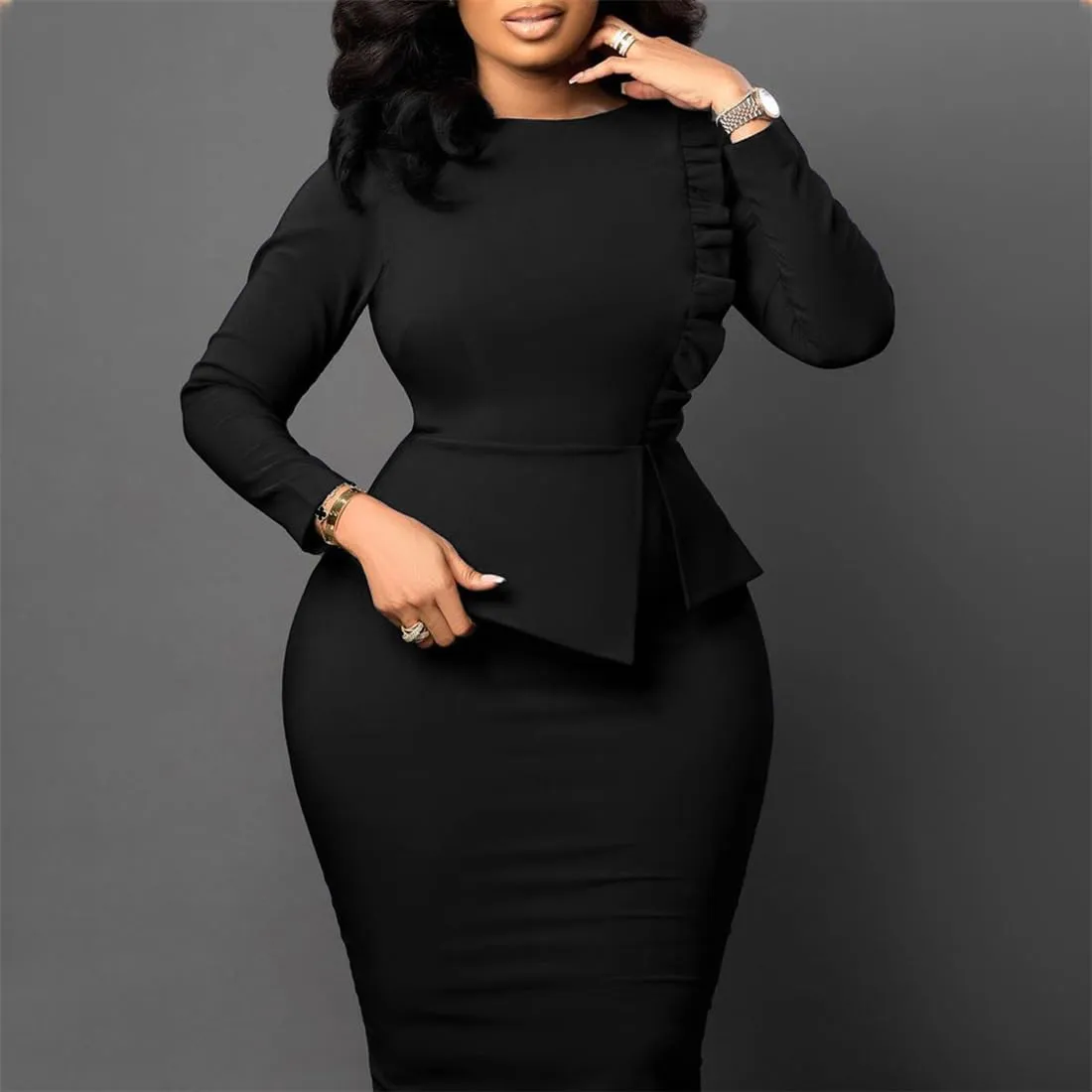 Useagrey Women Crew-Neck Plus Size Peplum Dress Church Wear to Work Bodycon Long Sleeve Midi Dresses