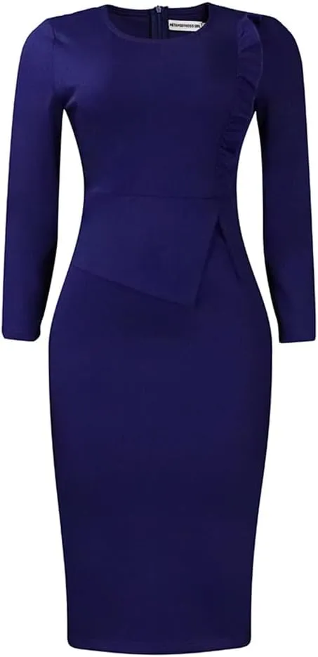 Useagrey Women Crew-Neck Plus Size Peplum Dress Church Wear to Work Bodycon Long Sleeve Midi Dresses