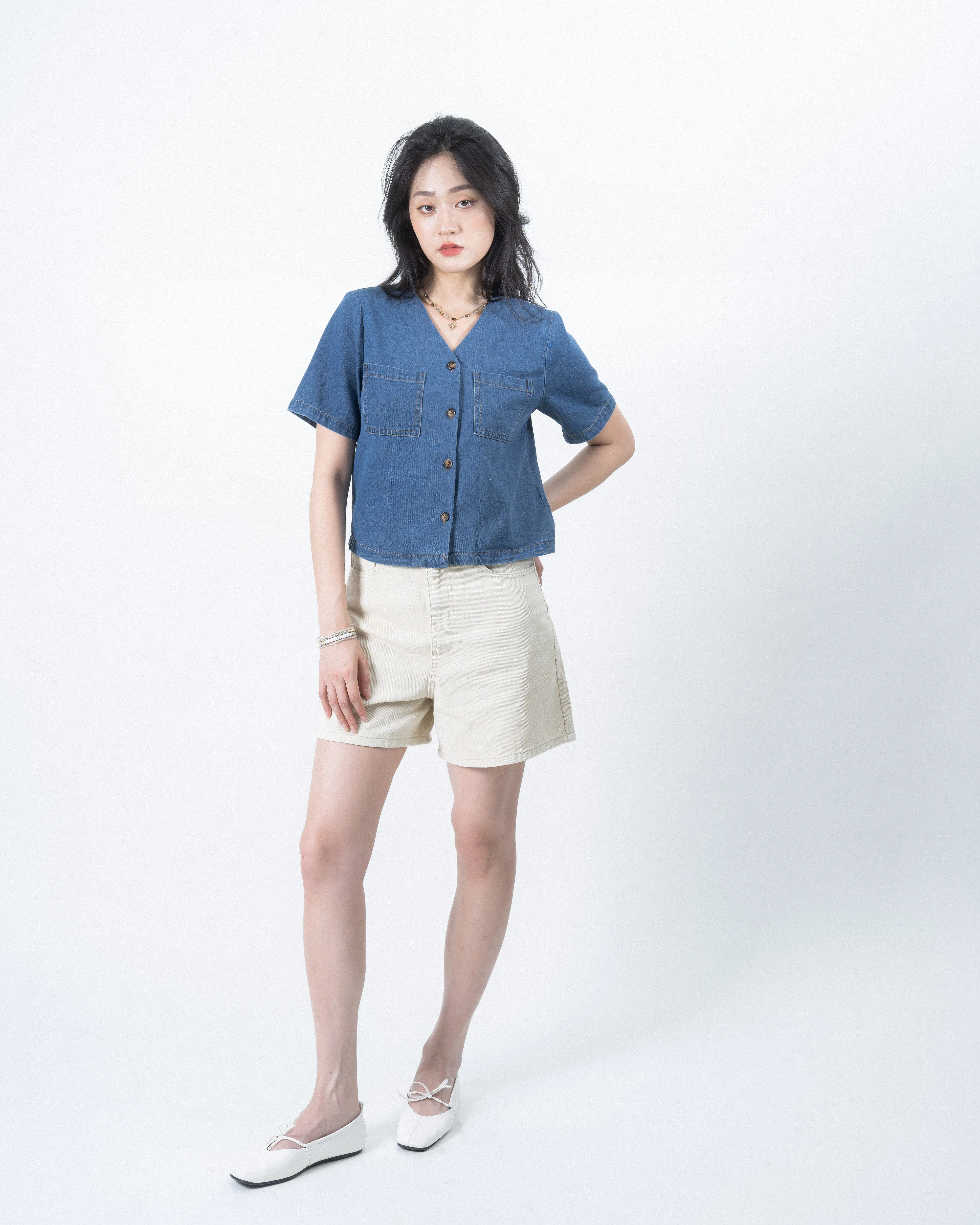 V Neck Pocket Denim Top (Denim)