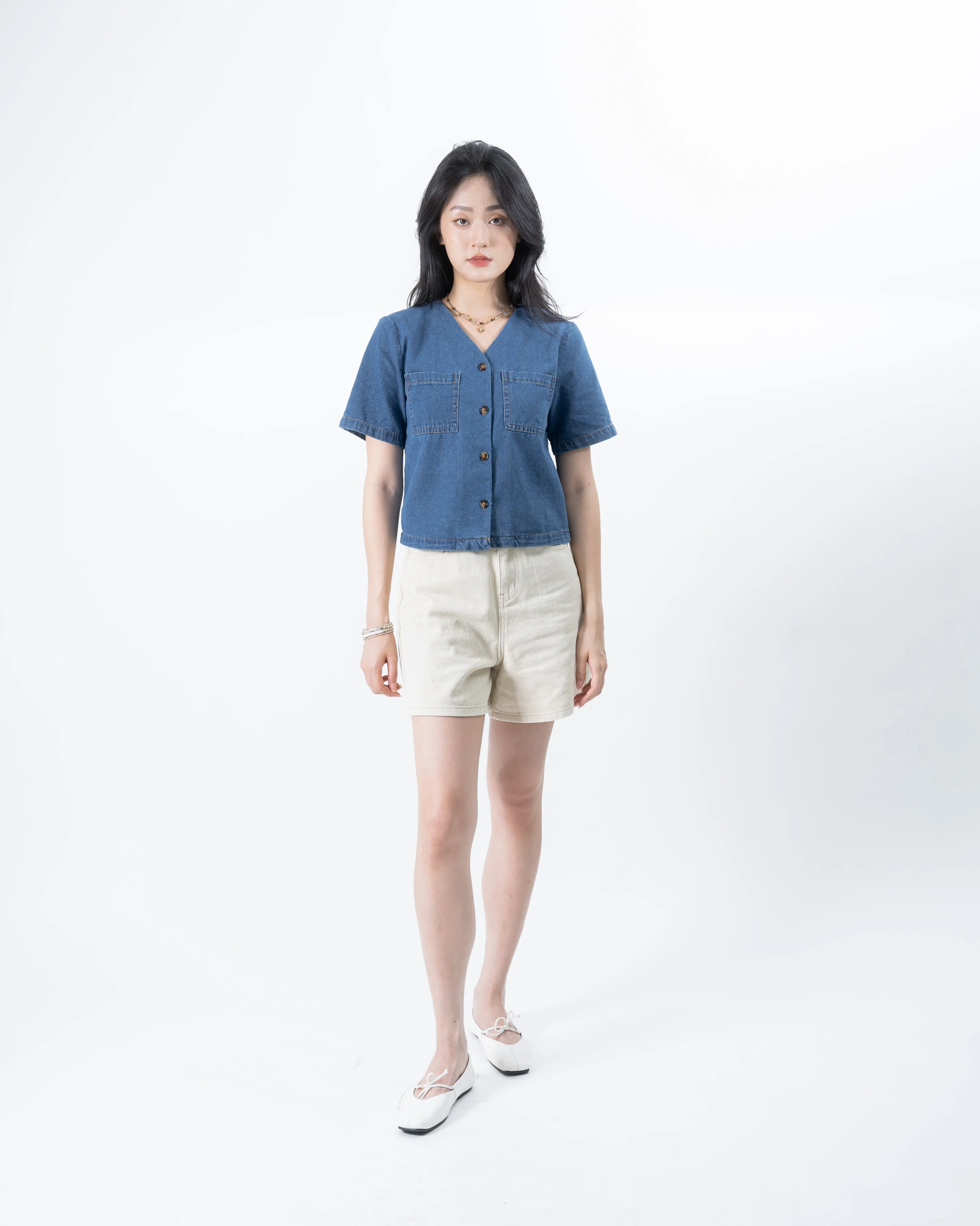V Neck Pocket Denim Top (Denim)