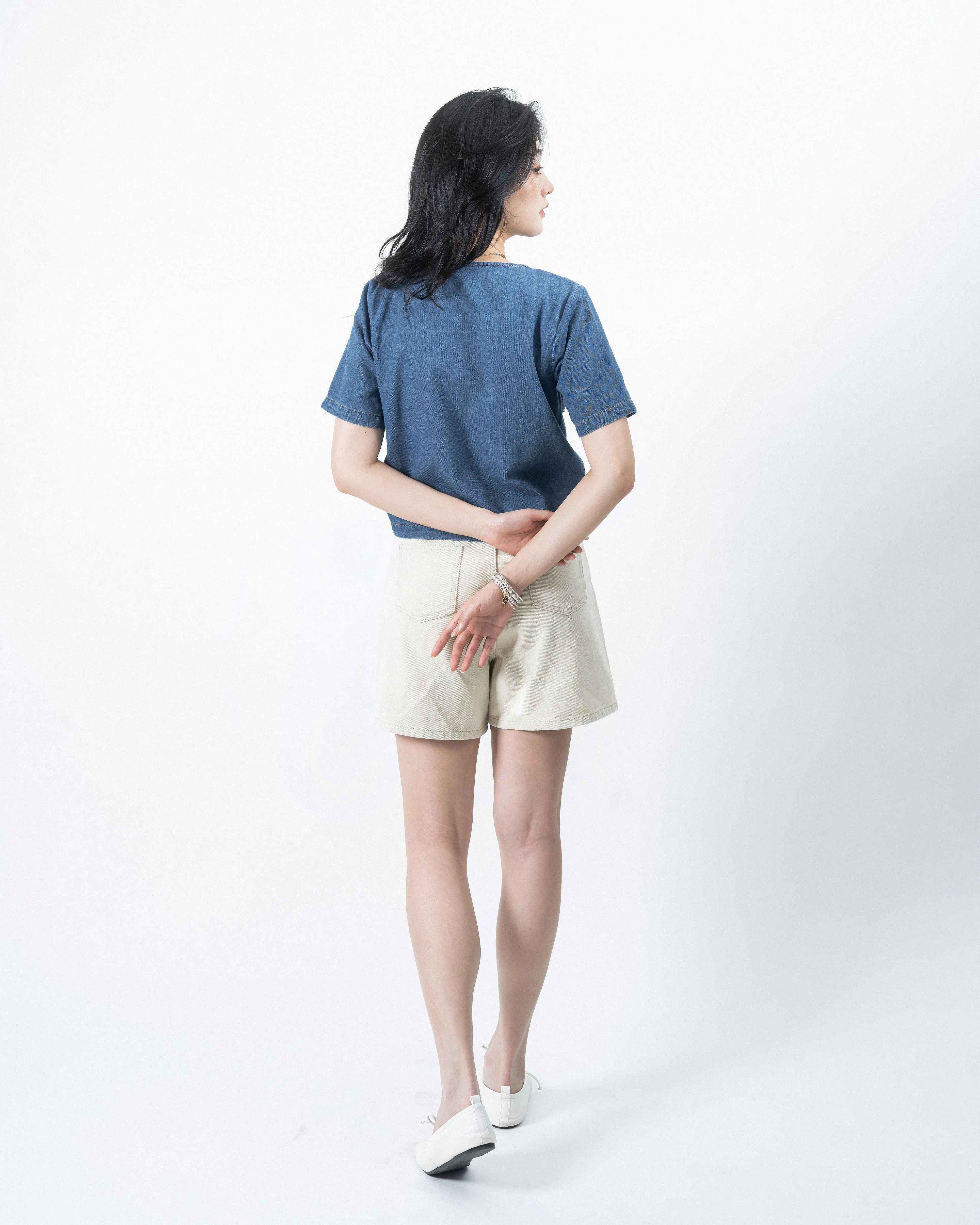 V Neck Pocket Denim Top (Denim)