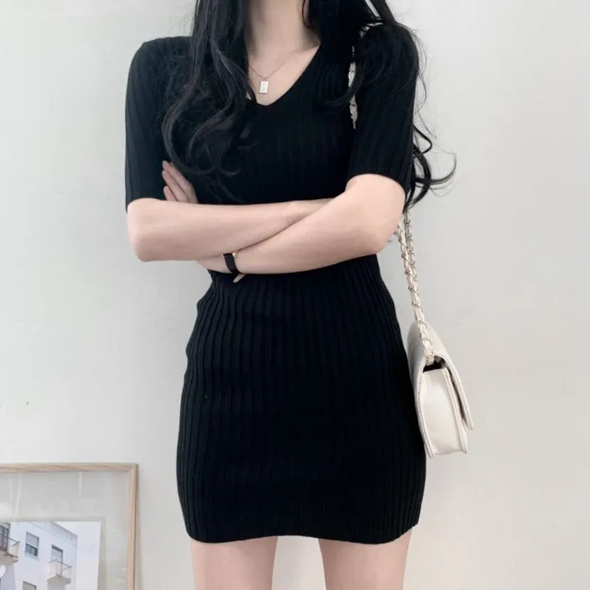 V-Neck Threaded High Waist Icy Silk Dress