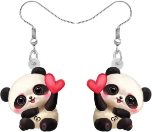 Valentine's Day Acrylic Adorable Heart Panda Earrings Festival Dangle Bamboo Leaf Jewelry For Women Couple Gifts Charms