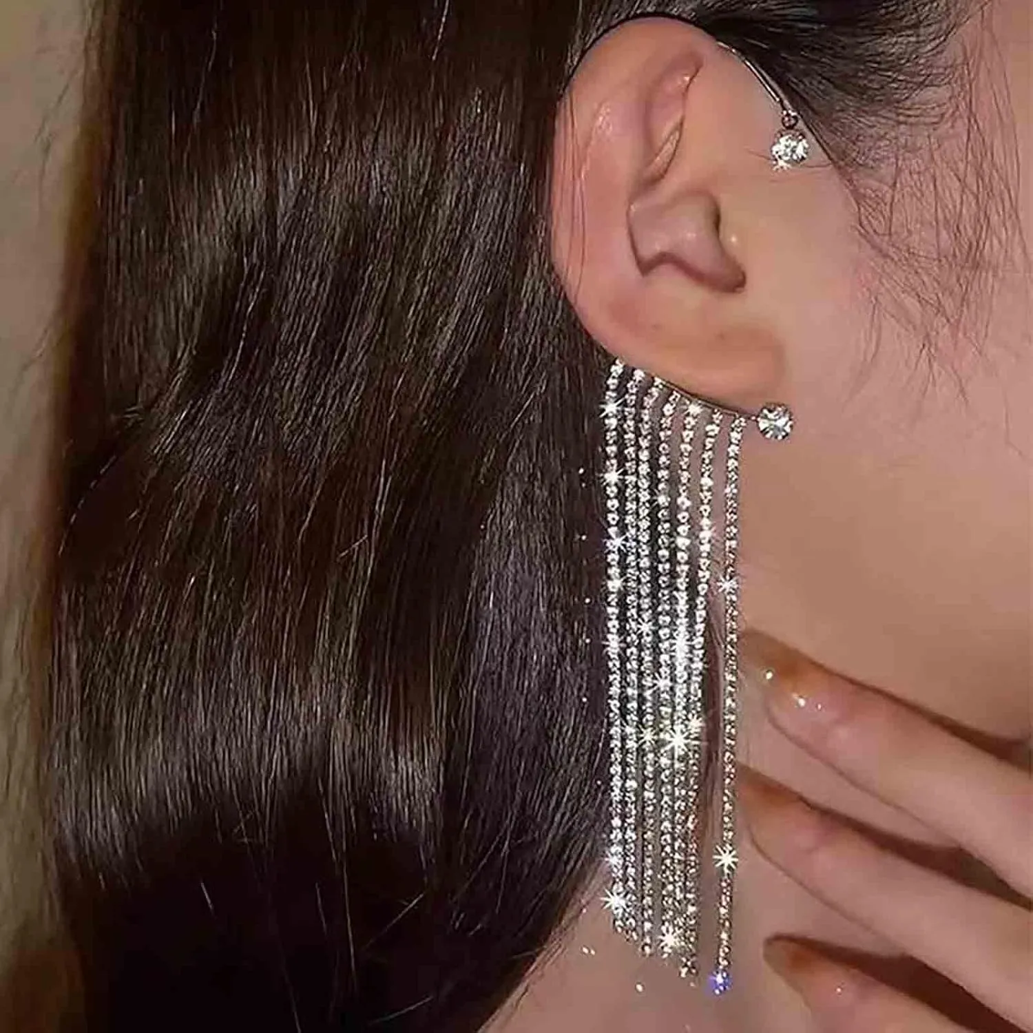 Vintage Crystal Chain Cuff Wrap Earrings Long Rhinestone Tassel Earrings Cz Cuff Climber Earrings Gold Crystal Ear Wrap Earrings Rhinestone Ear Cuff Earrings No Piercing Earrings(Gold Left)