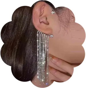 Vintage Crystal Chain Cuff Wrap Earrings Long Rhinestone Tassel Earrings Cz Cuff Climber Earrings Gold Crystal Ear Wrap Earrings Rhinestone Ear Cuff Earrings No Piercing Earrings(Gold Left)