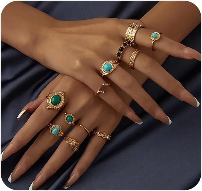 Vintage Gold Turquoise Stacked Ring Set Resin Statement Finger Joint Knuckle Ring for Women Versatile Twist Jewelry Gift