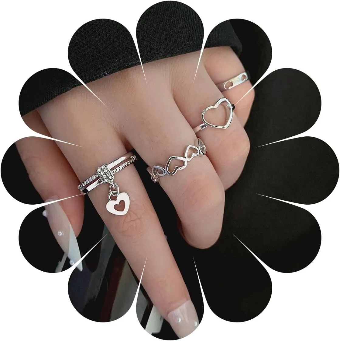 Vintage Heart Knuckle Rings Set Crystal Heart Stacking Finger Rings Punk Love Heart Rings Set Gothic Heart Love Hand Rings Crystal Heart Love Stacked Rings for Women