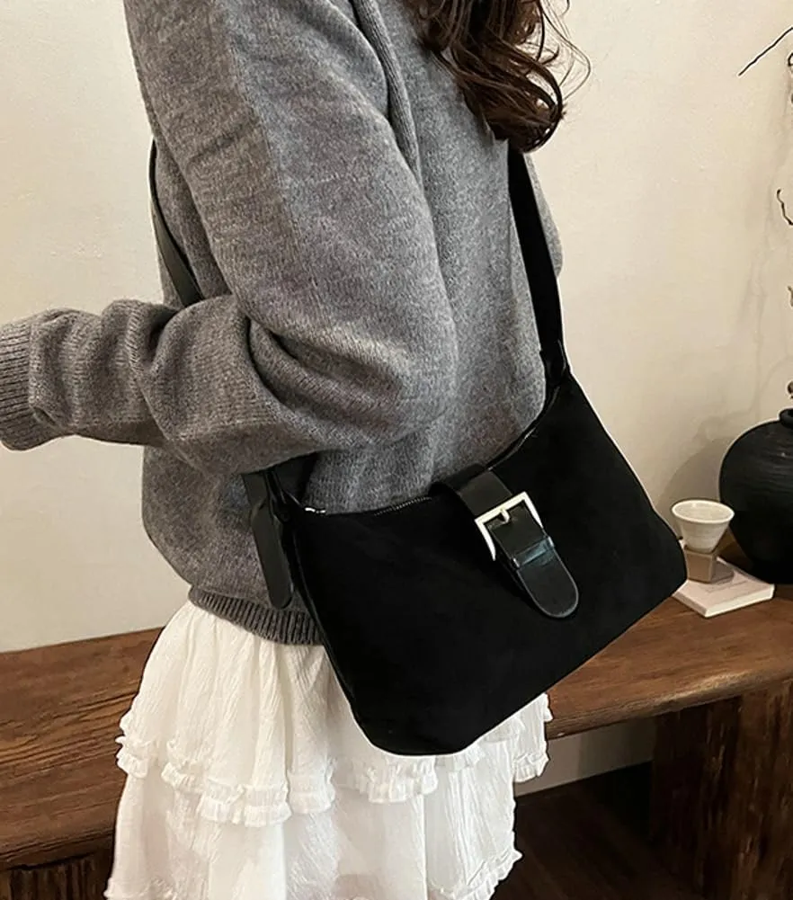 Vintage Suede Crescent Bag for Women Mini Top Handle Handbag Trendy Satchel Purse Causal Slouchy Bag with Adjustable Strap