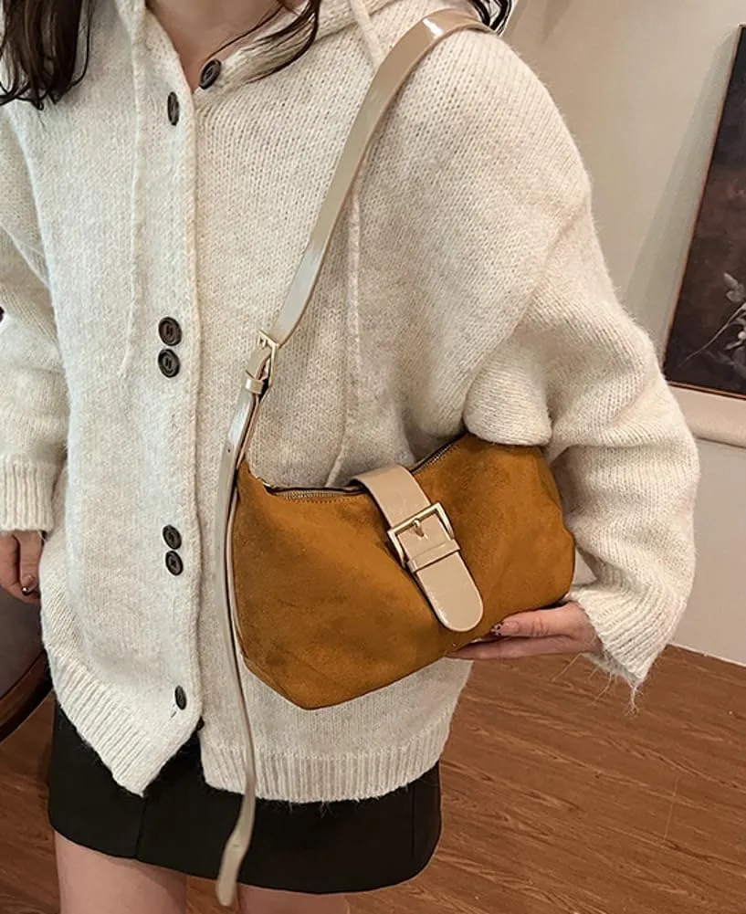 Vintage Suede Crescent Bag for Women Mini Top Handle Handbag Trendy Satchel Purse Causal Slouchy Bag with Adjustable Strap