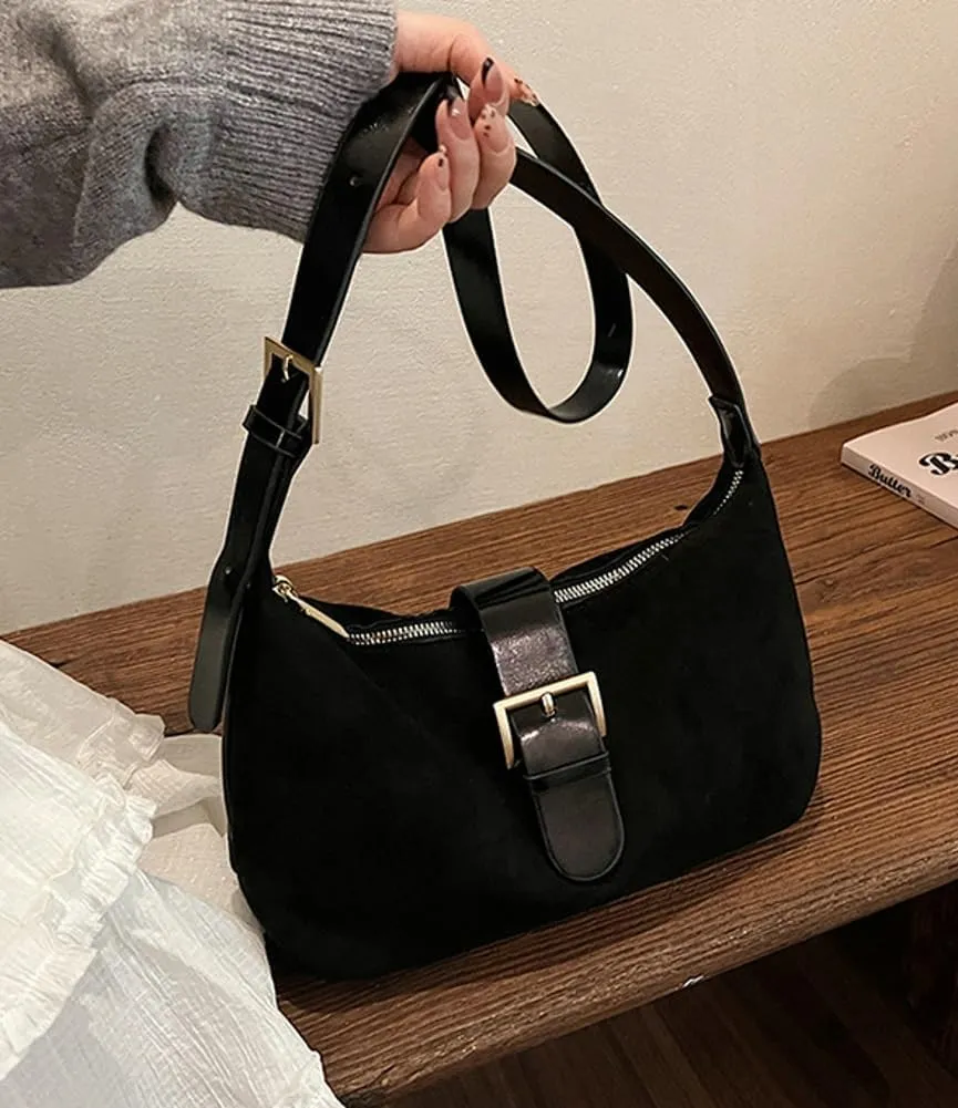 Vintage Suede Crescent Bag for Women Mini Top Handle Handbag Trendy Satchel Purse Causal Slouchy Bag with Adjustable Strap
