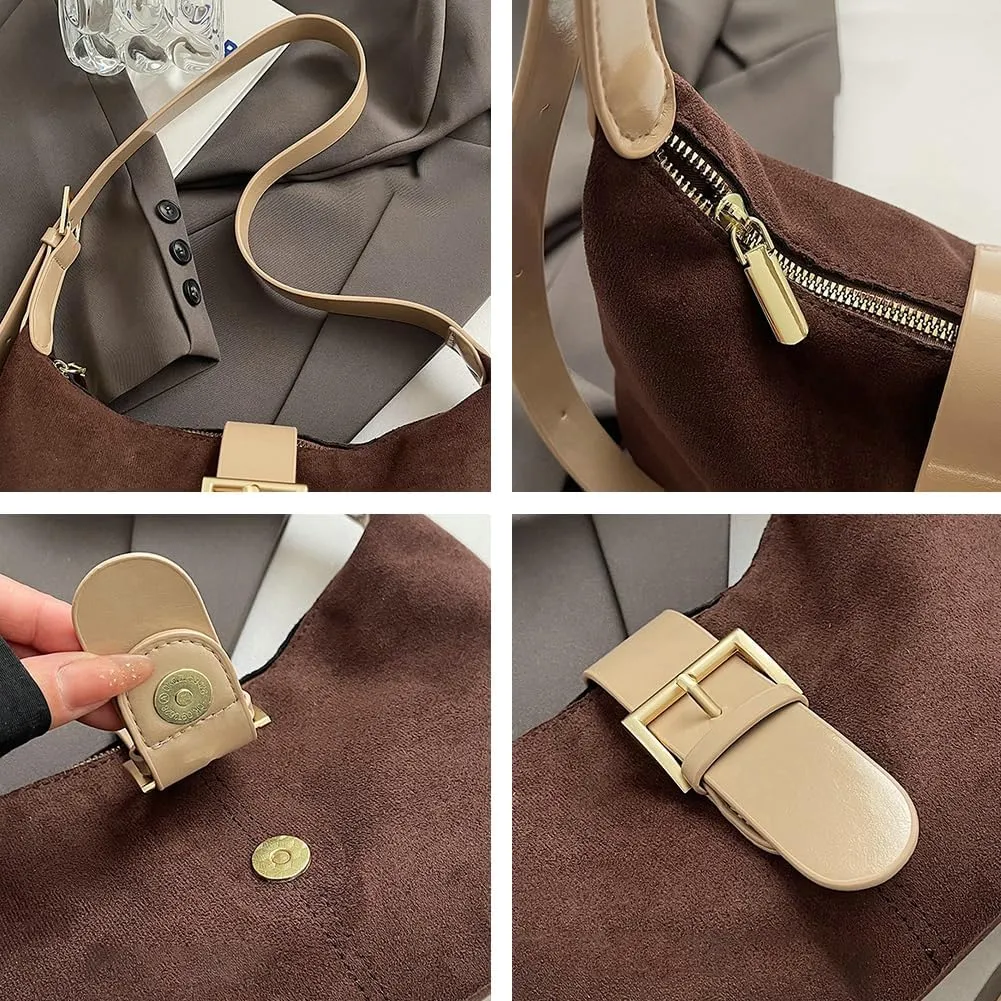 Vintage Suede Crescent Bag for Women Mini Top Handle Handbag Trendy Satchel Purse Causal Slouchy Bag with Adjustable Strap
