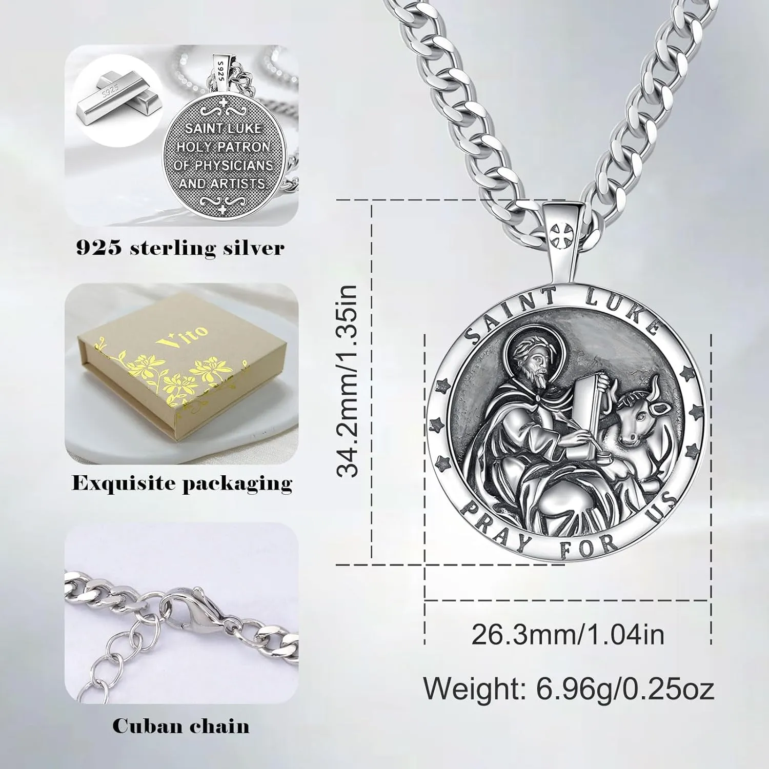 Vito 925 Sterling Silver Saint Necklace for Women Men, St Michael/Crucifix/Caravaca/St Jude Pendant Patron Saint Amulet Medal Religion Jewelry