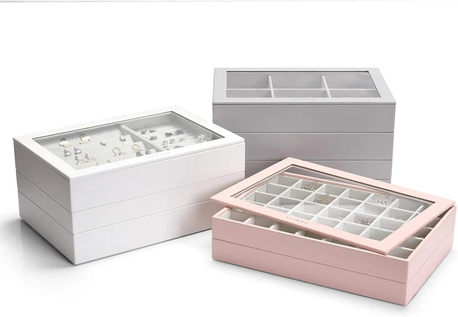 Vlando Stackable Jewelry Tray - Multipurpose Jewelry Accessories Display Storage and Organizer for Earring Necklace Bracelet Ring (Grey, Large - 4-Layer w/Clear Lid)