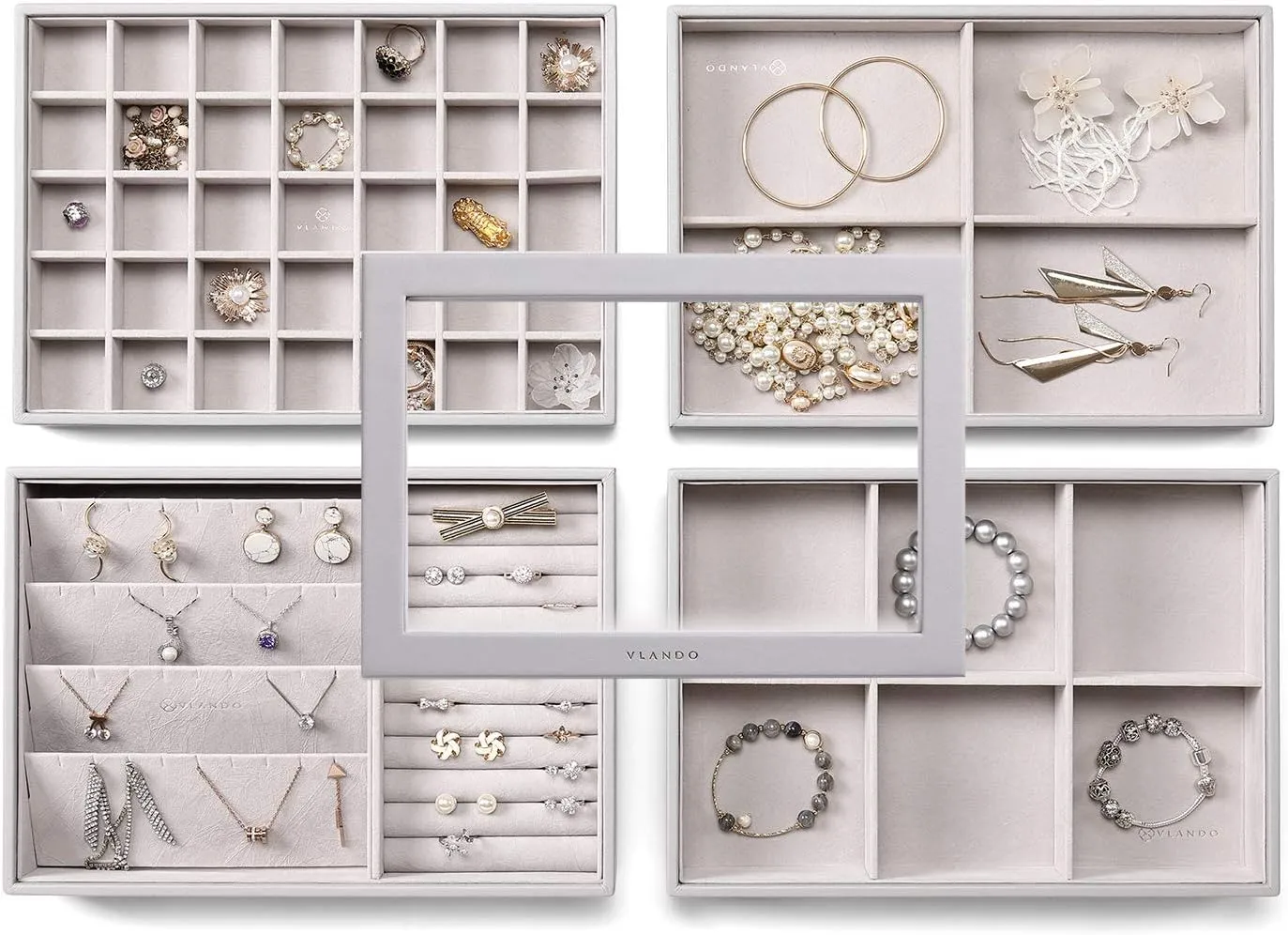 Vlando Stackable Jewelry Tray - Multipurpose Jewelry Accessories Display Storage and Organizer for Earring Necklace Bracelet Ring (Grey, Large - 4-Layer w/Clear Lid)