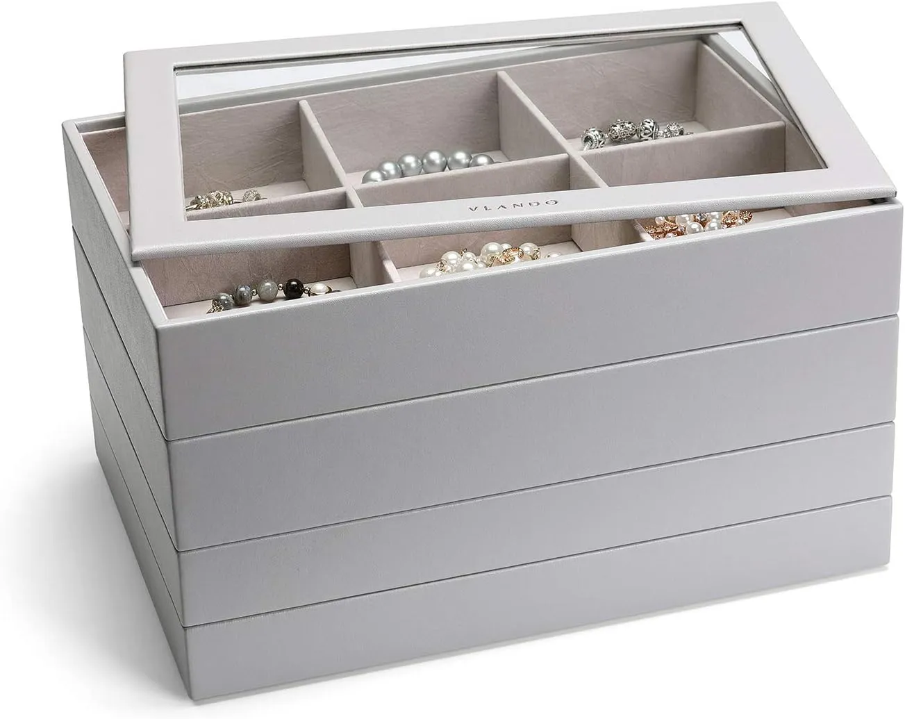 Vlando Stackable Jewelry Tray - Multipurpose Jewelry Accessories Display Storage and Organizer for Earring Necklace Bracelet Ring (Grey, Large - 4-Layer w/Clear Lid)
