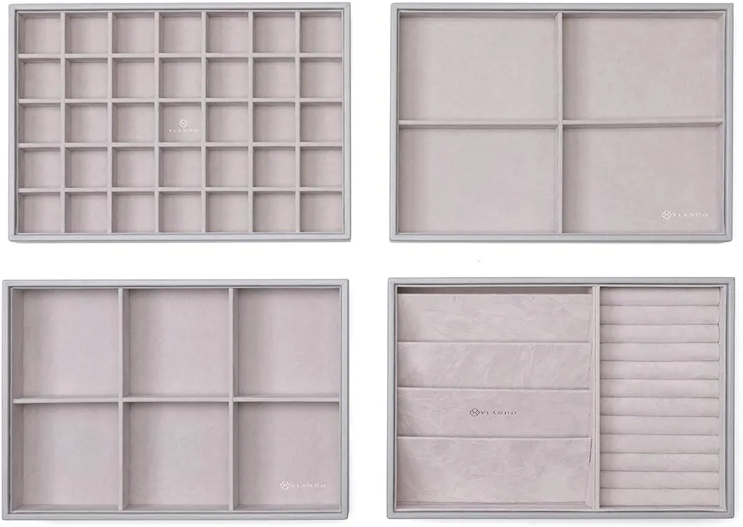 Vlando Stackable Jewelry Tray - Multipurpose Jewelry Accessories Display Storage and Organizer for Earring Necklace Bracelet Ring (Grey, Large - 4-Layer w/Clear Lid)