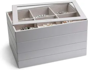 Vlando Stackable Jewelry Tray - Multipurpose Jewelry Accessories Display Storage and Organizer for Earring Necklace Bracelet Ring (Grey, Large - 4-Layer w/Clear Lid)