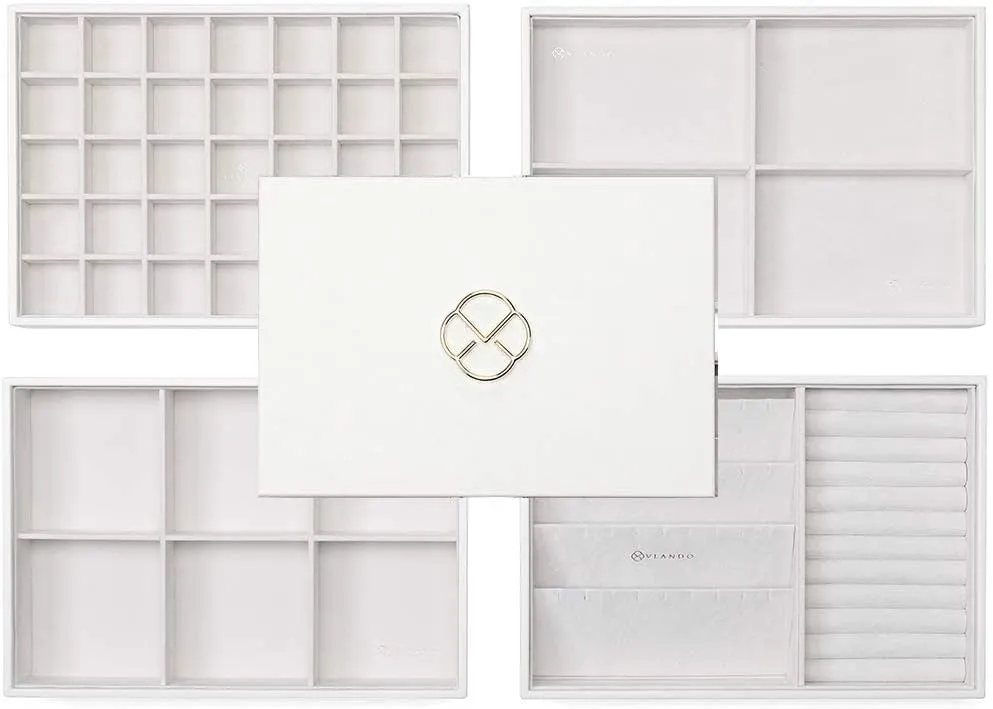 Vlando Stackable Jewelry Tray - Multipurpose Jewelry Accessories Display Storage and Organizer for Earring Necklace Bracelet Ring (White, Large - 4-Layer w/Lid)