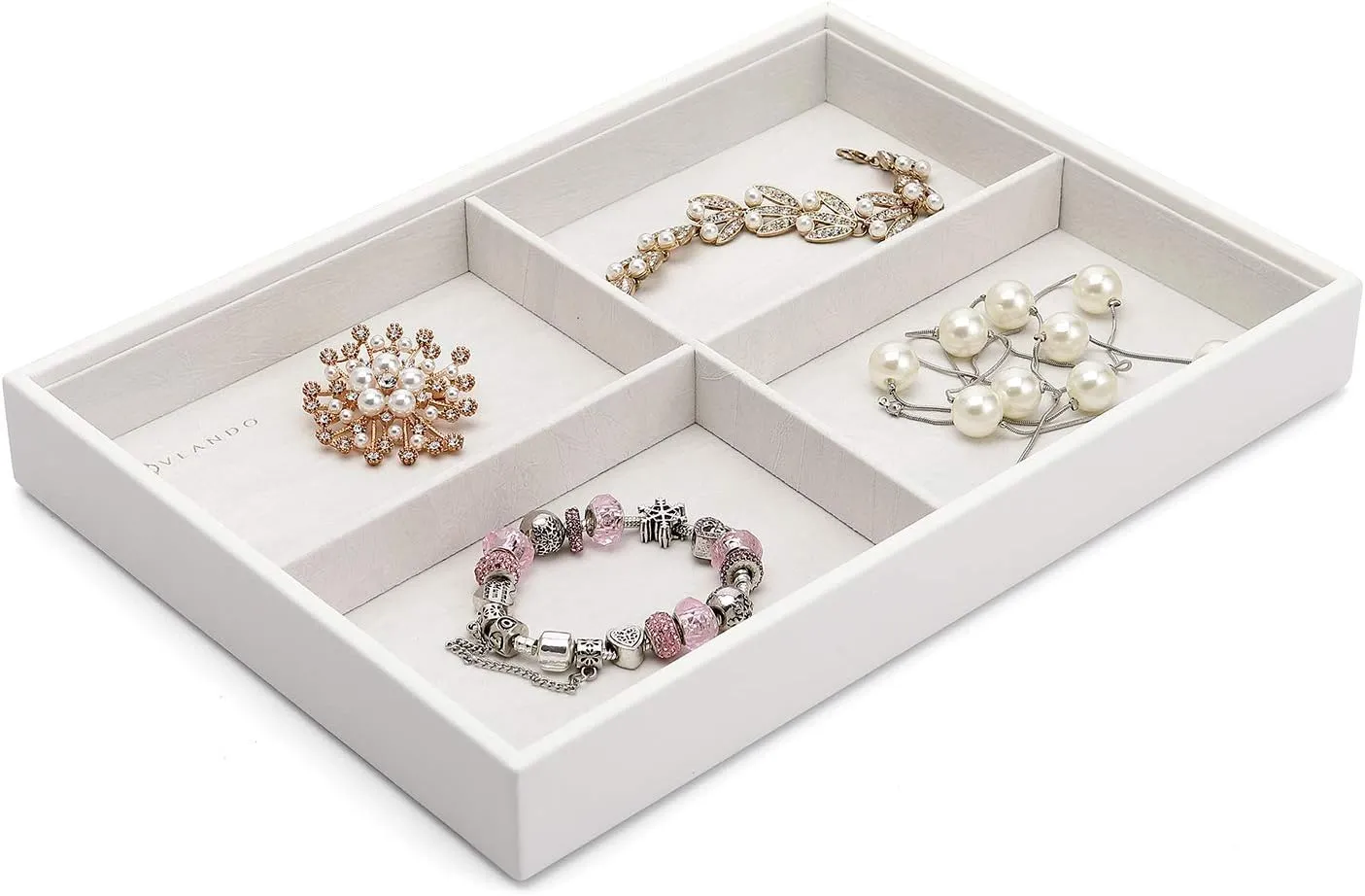 Vlando Stackable Jewelry Tray - Multipurpose Jewelry Accessories Display Storage and Organizer for Earring Necklace Bracelet Ring (White, Large - 4-Layer w/Lid)