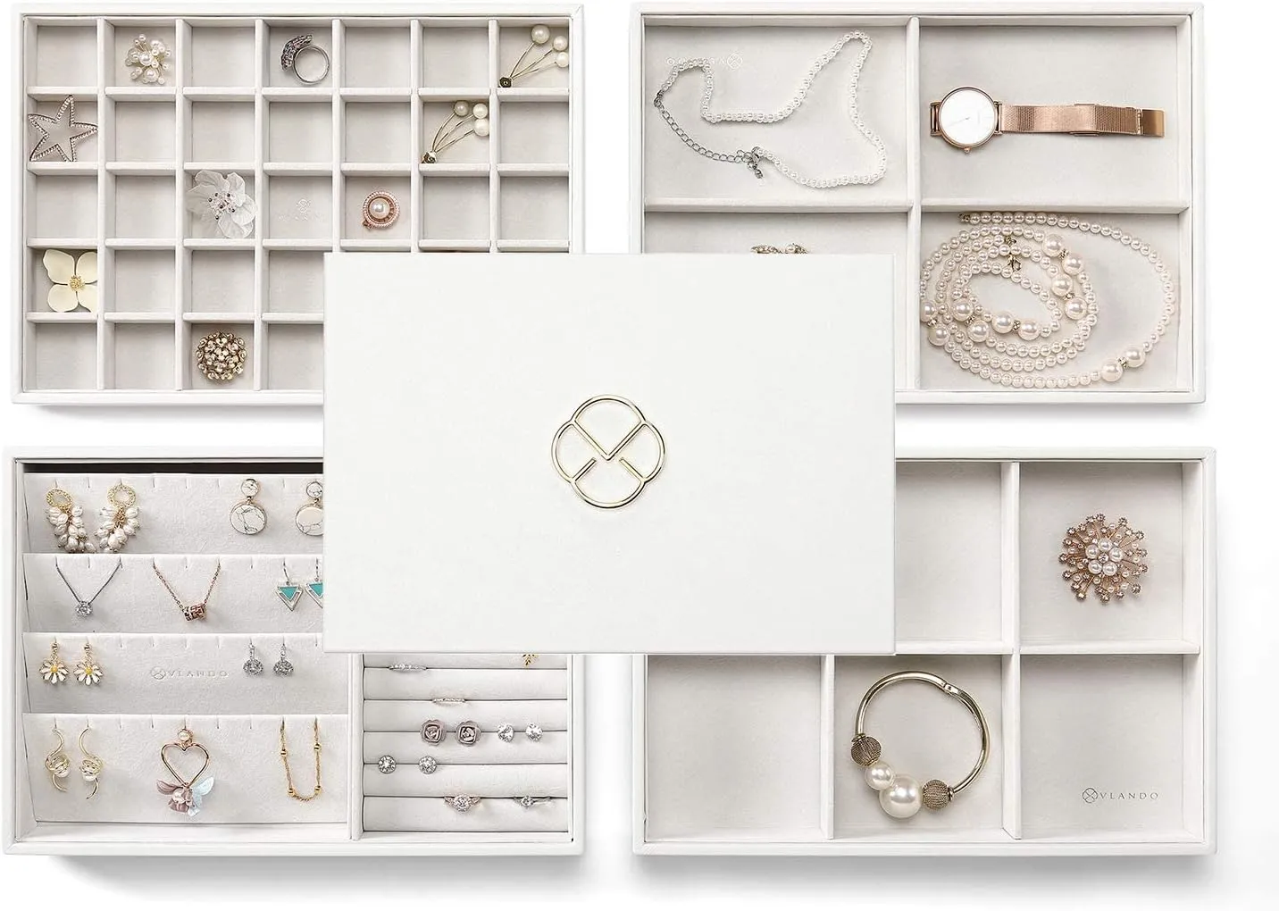 Vlando Stackable Jewelry Tray - Multipurpose Jewelry Accessories Display Storage and Organizer for Earring Necklace Bracelet Ring (White, Large - 4-Layer w/Lid)