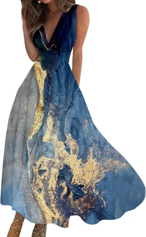 Waist Dress for Women Simple Floral Maxi Dress Flowy Casual V Neck Sleeveless Wedding Guest Holiday Long Dress