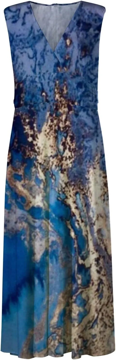 Waist Dress for Women Simple Floral Maxi Dress Flowy Casual V Neck Sleeveless Wedding Guest Holiday Long Dress