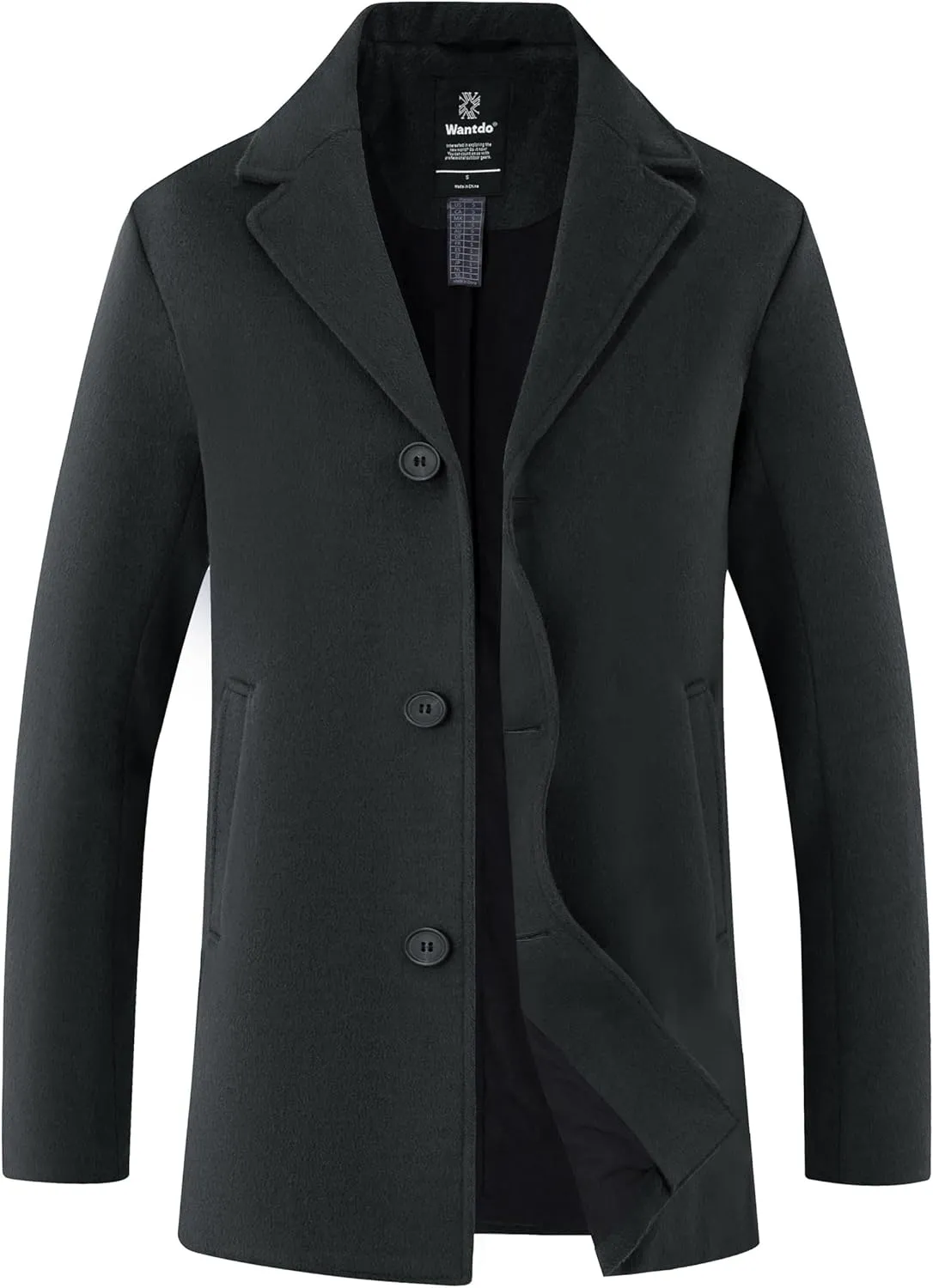 wantdo Men's Single Breasted Pea Coat Windproof Winter Coat Classic Notched Collar Military Jacket