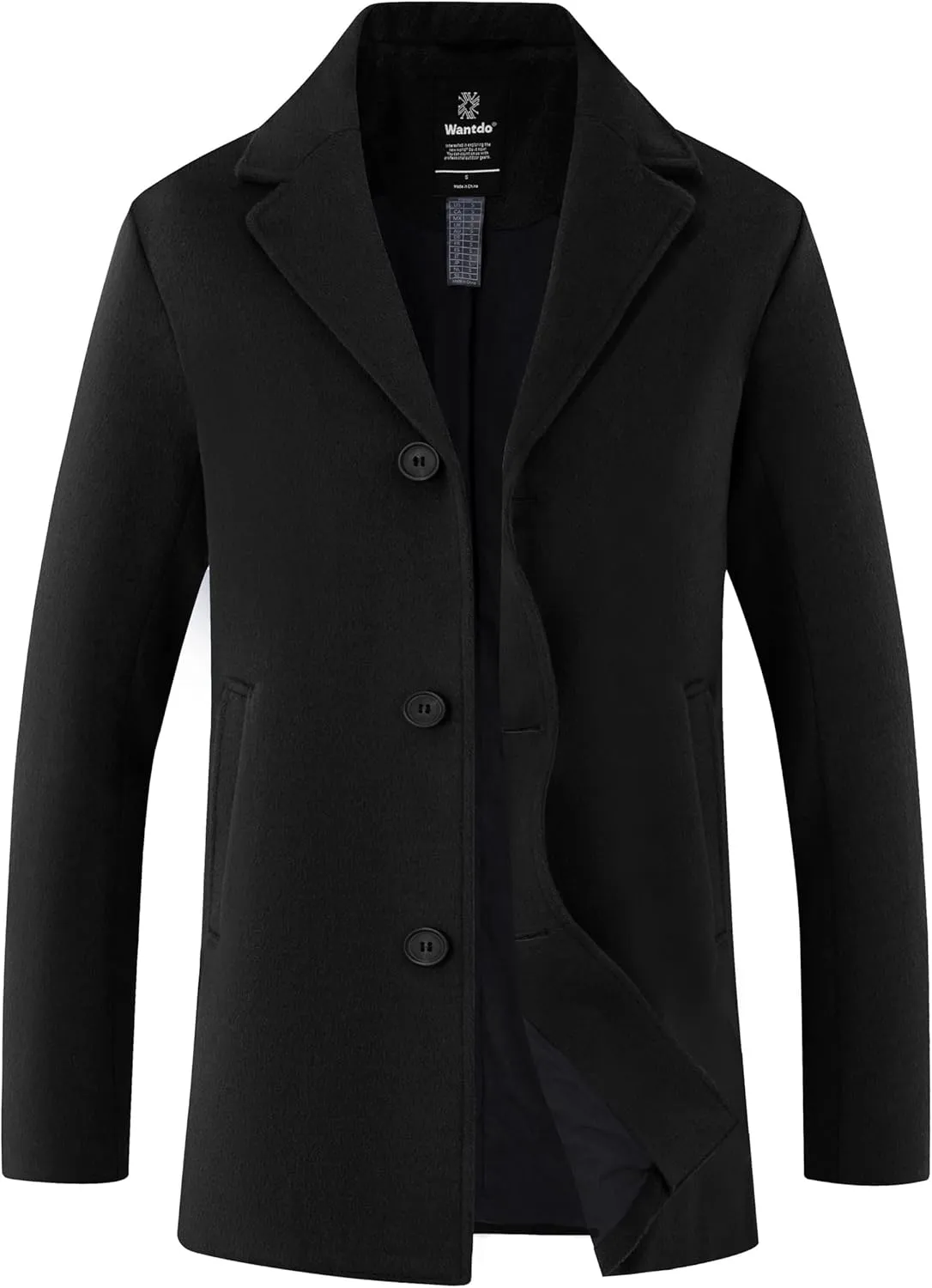 wantdo Men's Single Breasted Pea Coat Windproof Winter Coat Classic Notched Collar Military Jacket