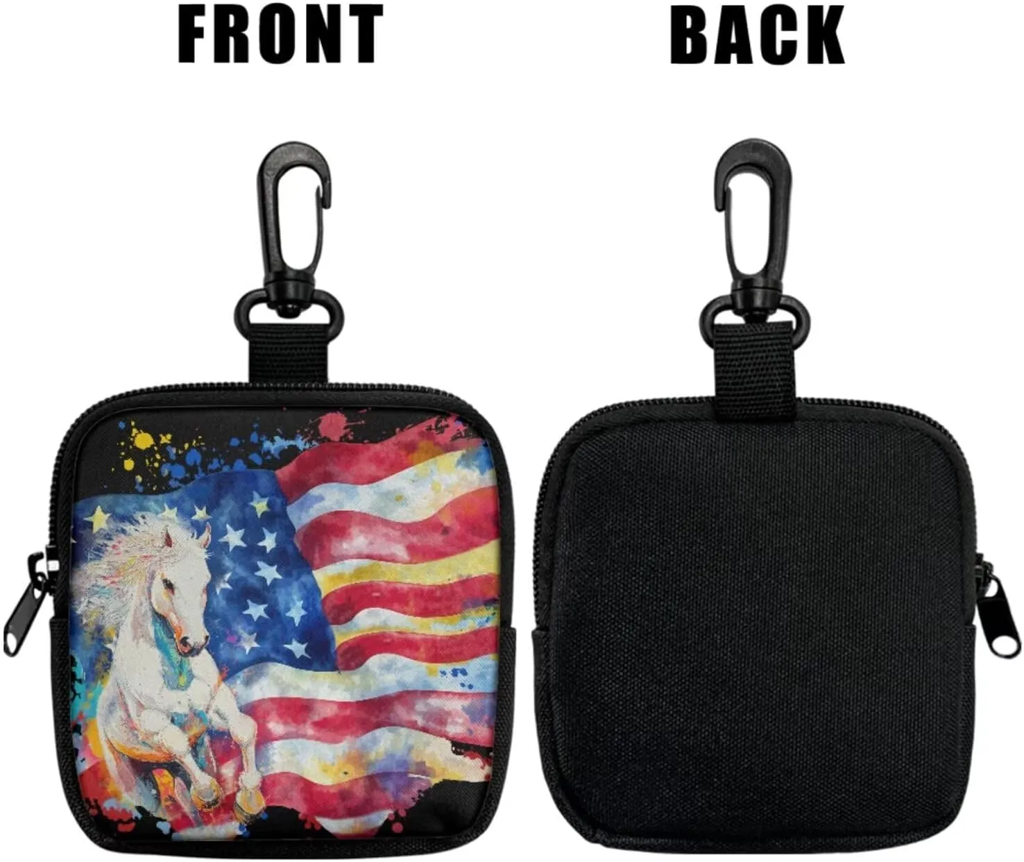 Watercolor Horse Flag Mini Pouch Zip Around Small Coin Purse Wallet, July 4Th American Flag Painting Mini Travel Coin Pouch Bag Tactical Key Pocket for Hiking, Running