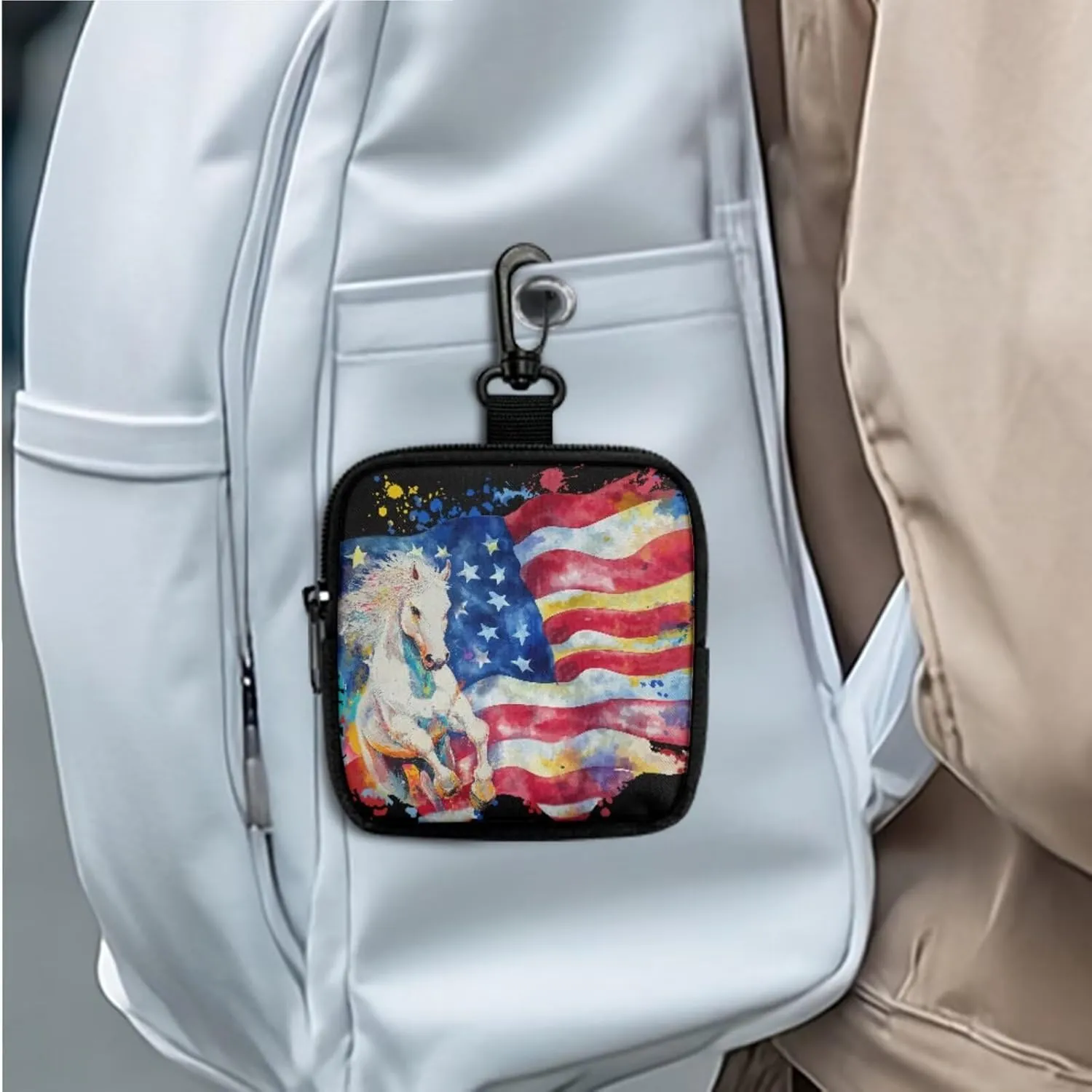 Watercolor Horse Flag Mini Pouch Zip Around Small Coin Purse Wallet, July 4Th American Flag Painting Mini Travel Coin Pouch Bag Tactical Key Pocket for Hiking, Running