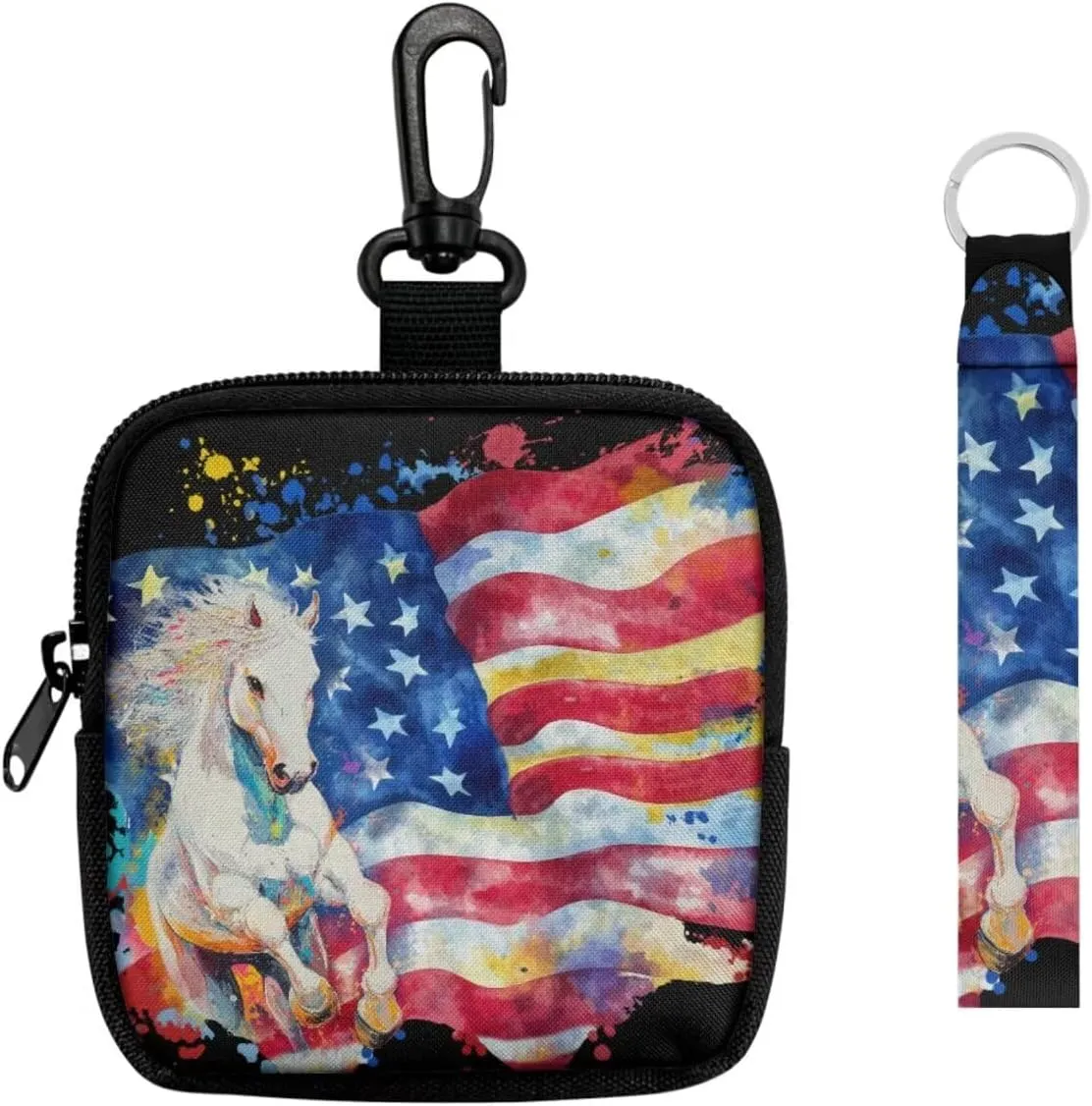 Watercolor Horse Flag Mini Pouch Zip Around Small Coin Purse Wallet, July 4Th American Flag Painting Mini Travel Coin Pouch Bag Tactical Key Pocket for Hiking, Running