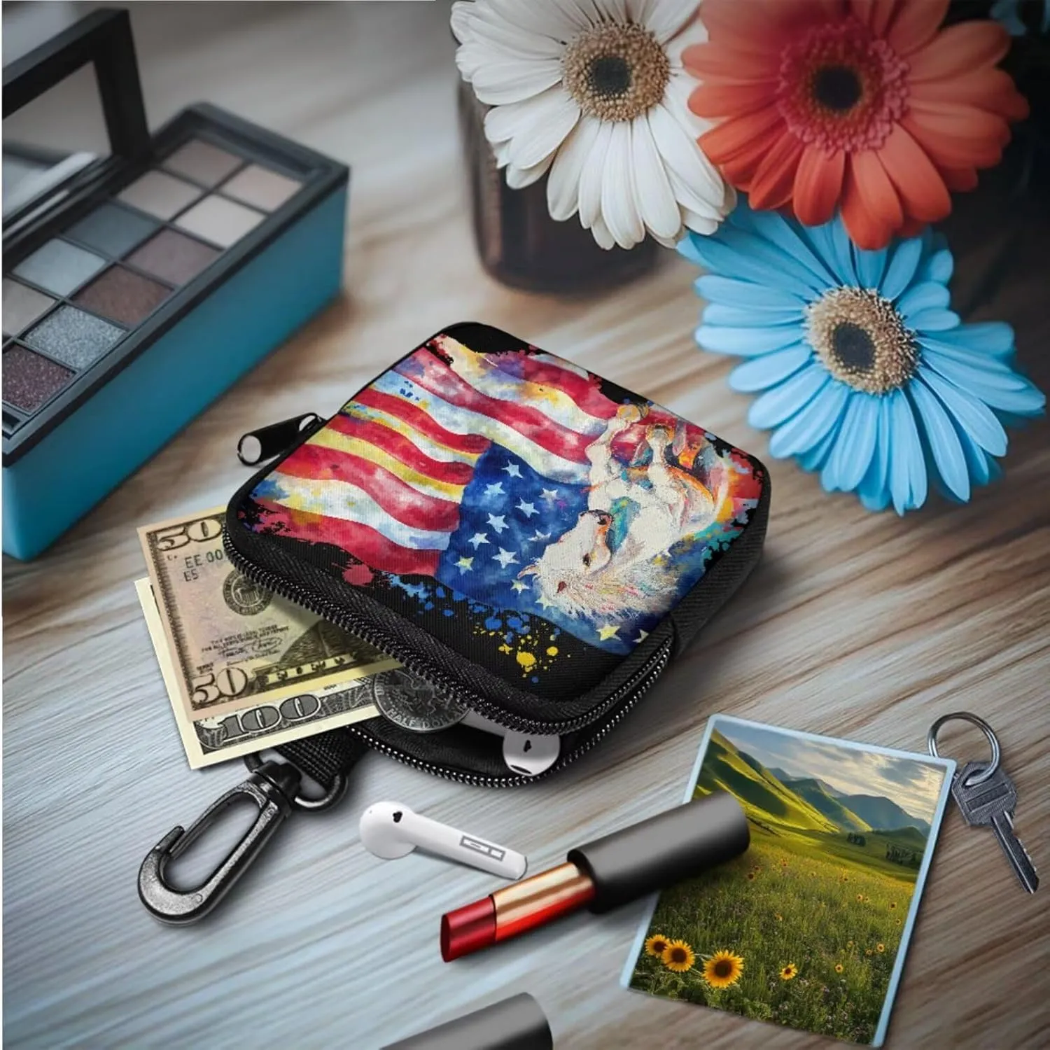 Watercolor Horse Flag Mini Pouch Zip Around Small Coin Purse Wallet, July 4Th American Flag Painting Mini Travel Coin Pouch Bag Tactical Key Pocket for Hiking, Running