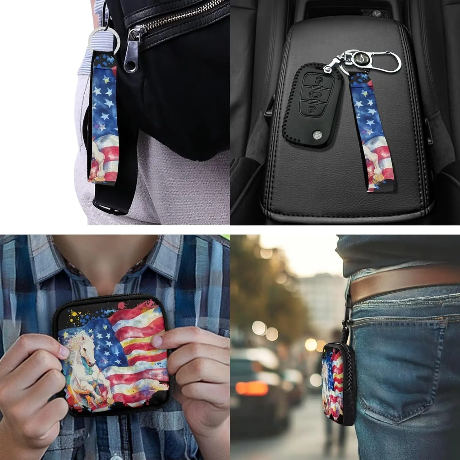Watercolor Horse Flag Mini Pouch Zip Around Small Coin Purse Wallet, July 4Th American Flag Painting Mini Travel Coin Pouch Bag Tactical Key Pocket for Hiking, Running