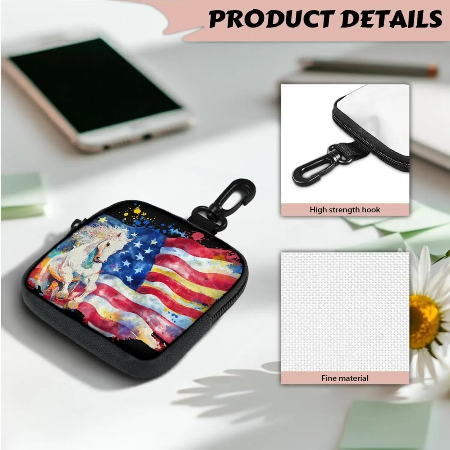 Watercolor Horse Flag Mini Pouch Zip Around Small Coin Purse Wallet, July 4Th American Flag Painting Mini Travel Coin Pouch Bag Tactical Key Pocket for Hiking, Running