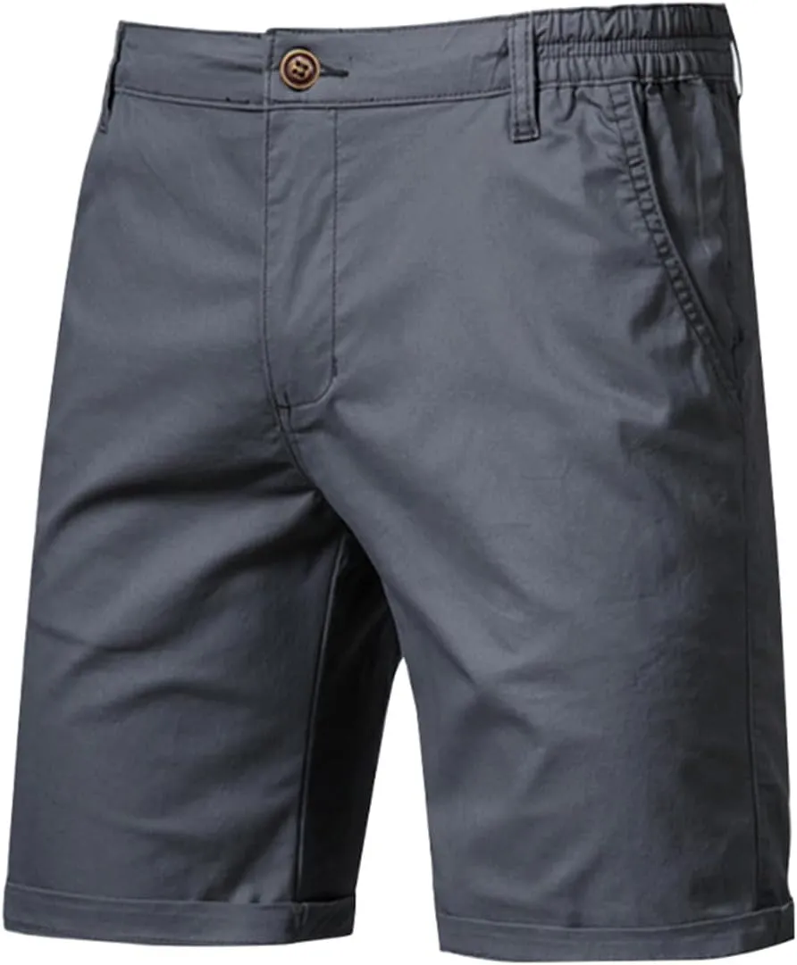 WENKOMG1 MensCotton Shorts Solid Chino Casual Knee Length Work Shorts Summer Slim Fit 10" Inseam Flat Front Shorts