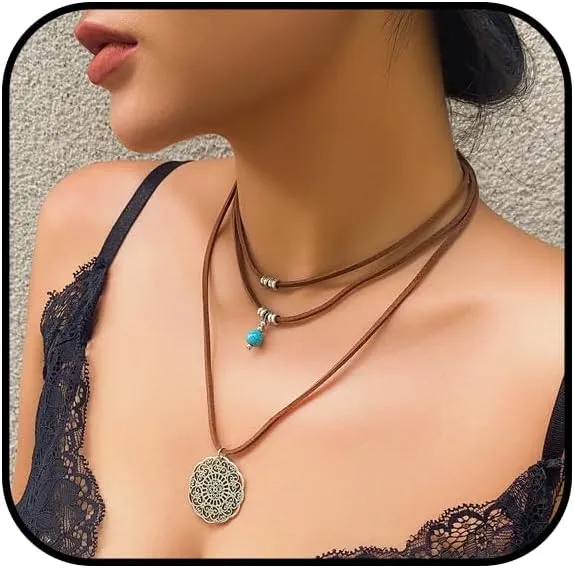 Western Cowboy Necklace for Women Cowgirl Turquoise Pendant Necklace Stackable Boho Chain Necklaces Silver Long Layered Choker Necklaces Retro Suede Jewelry Accessories