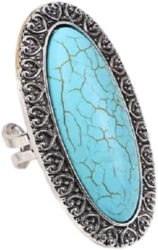 Western Jewelry Natural Turquoise Diamond Rings for Women Boho Turquoise Silver Rings Jewelry Adjustable Vintage Gemstone Stone Joint Knuckle Rings Cocktail Party Birthday for Women