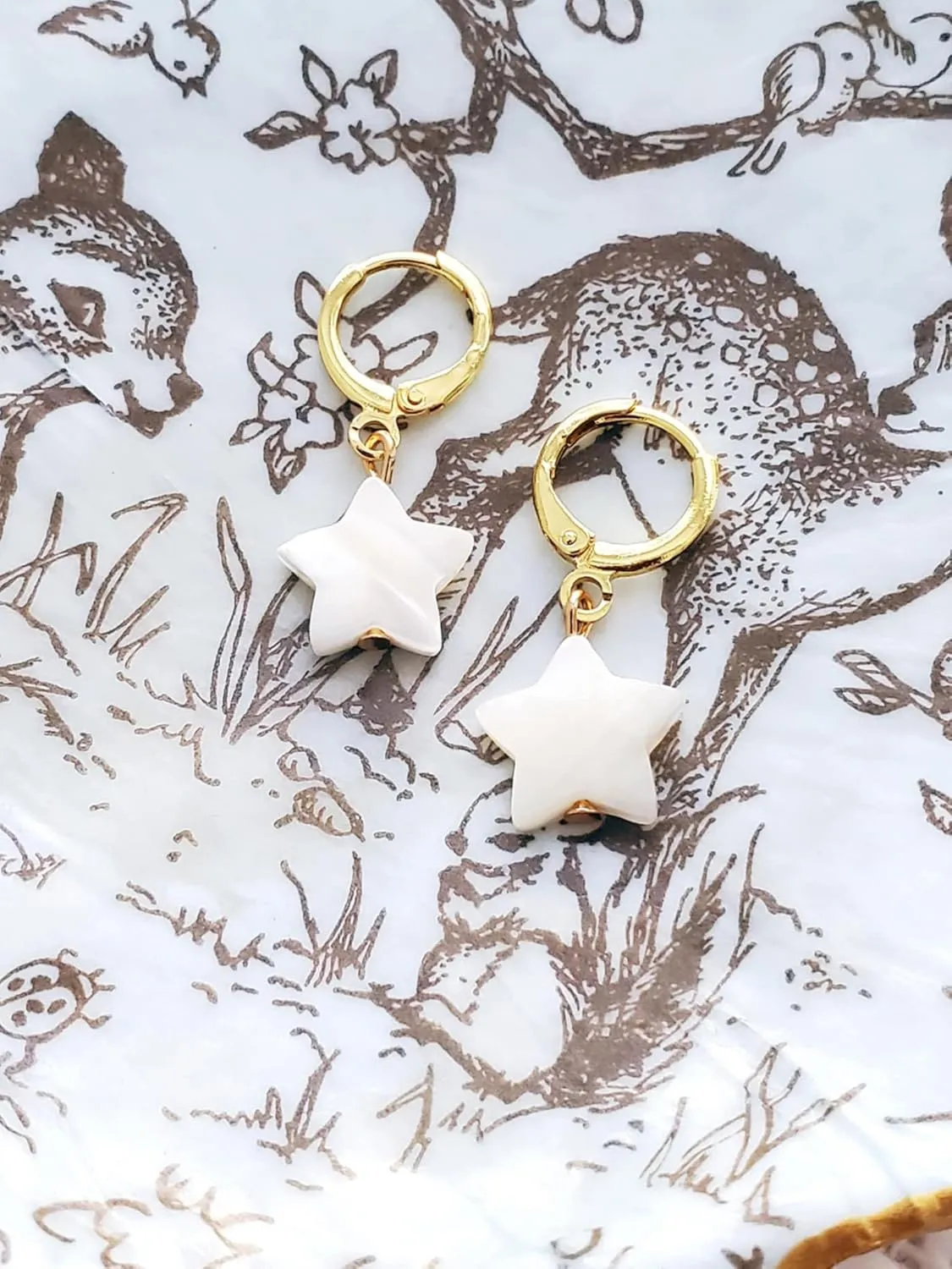 White Shell Small Hoops 18k Gold Hoop Star Celestial Gift For Her