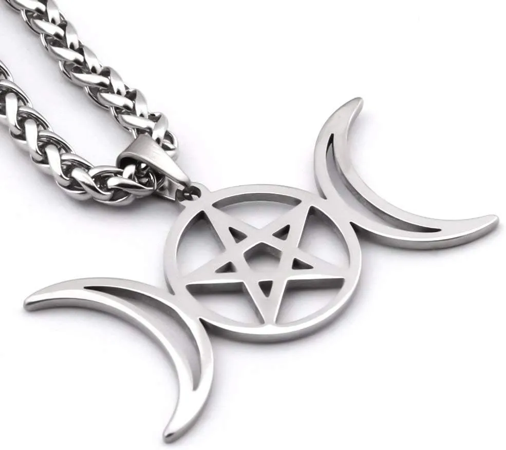 Wicca Triple Moon Star Necklace Stainless Steel Silvertone Modern Design Femininity Love Meaningful Gift for Women