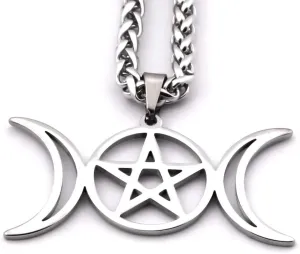 Wicca Triple Moon Star Necklace Stainless Steel Silvertone Modern Design Femininity Love Meaningful Gift for Women