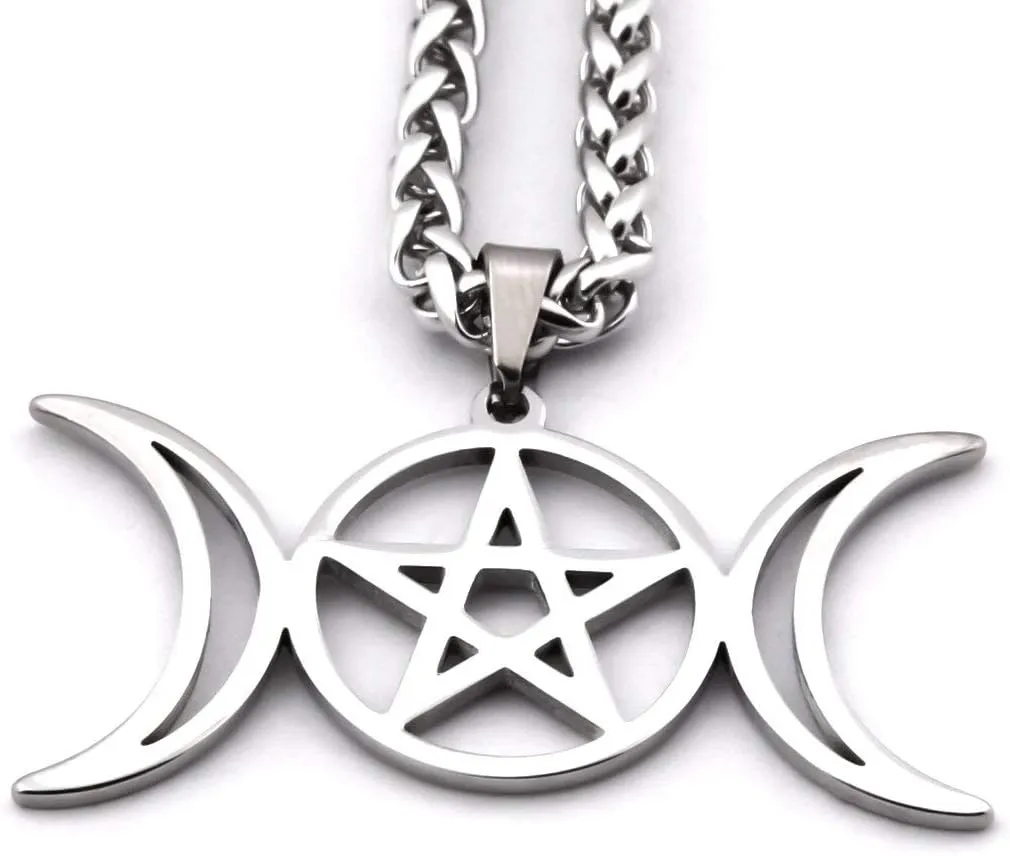 Wicca Triple Moon Star Necklace Stainless Steel Silvertone Modern Design Femininity Love Meaningful Gift for Women