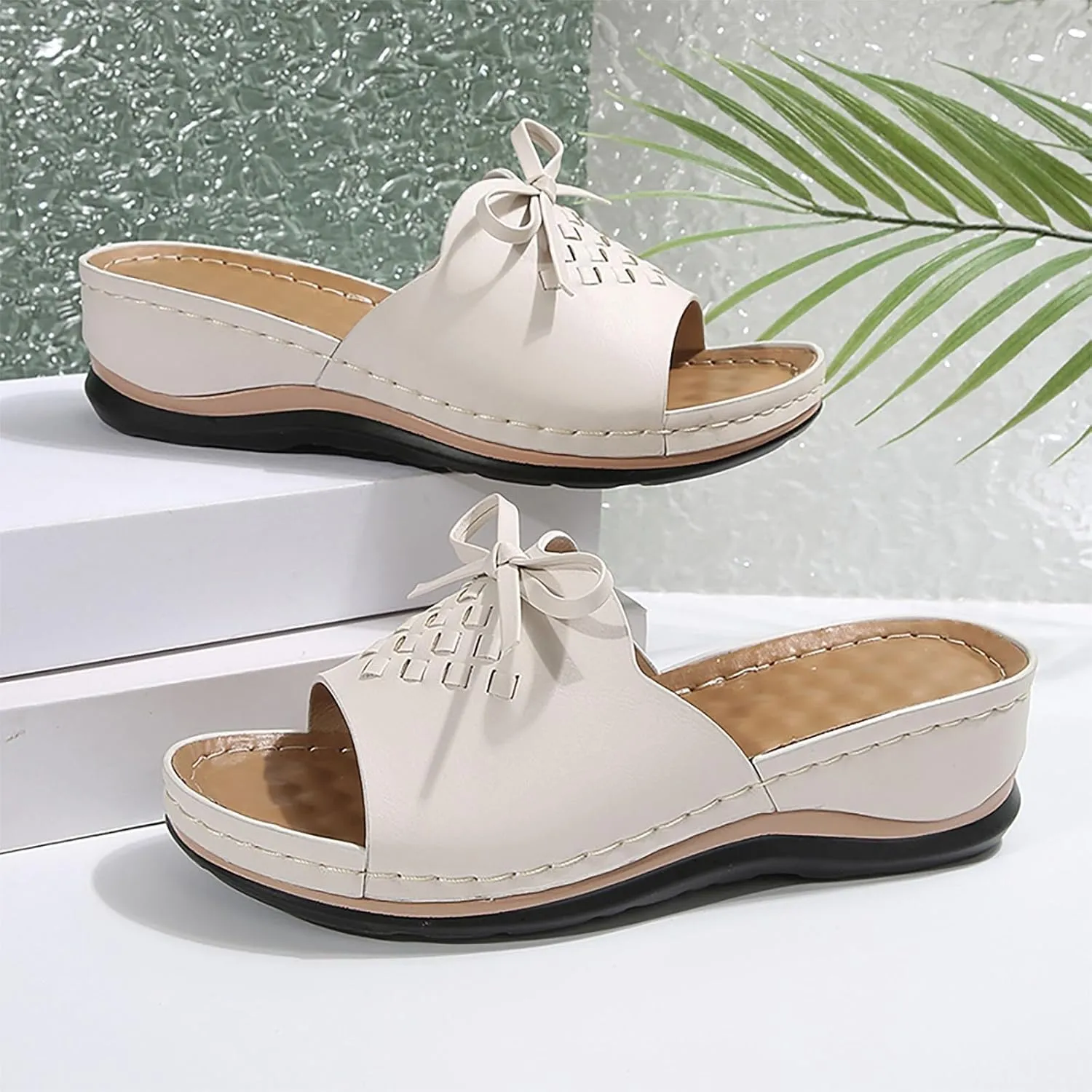 Women Arch Support Slides Comfort Walking Sandal Dressy Casual Bow Orthotic Slip on Sandals Orthopedic Sandales