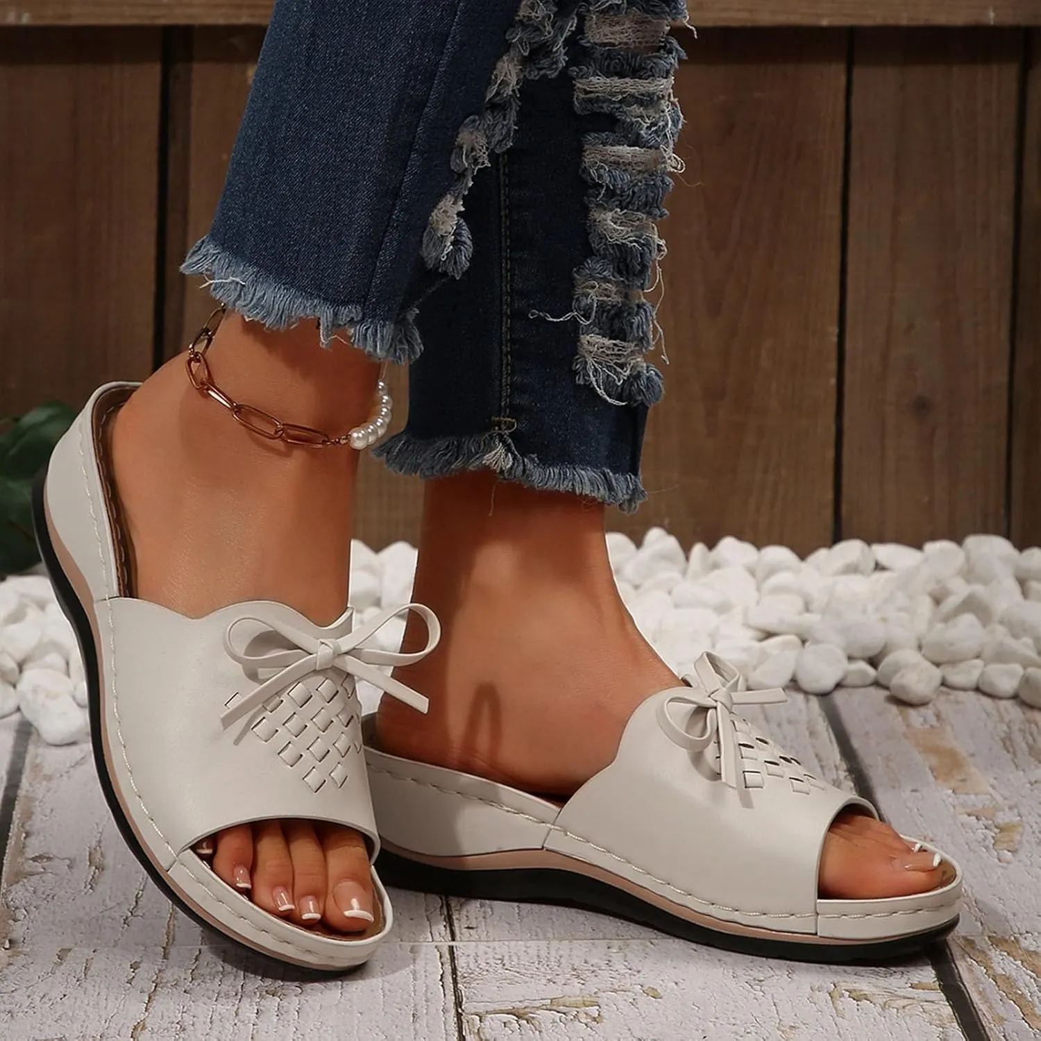Women Arch Support Slides Comfort Walking Sandal Dressy Casual Bow Orthotic Slip on Sandals Orthopedic Sandales