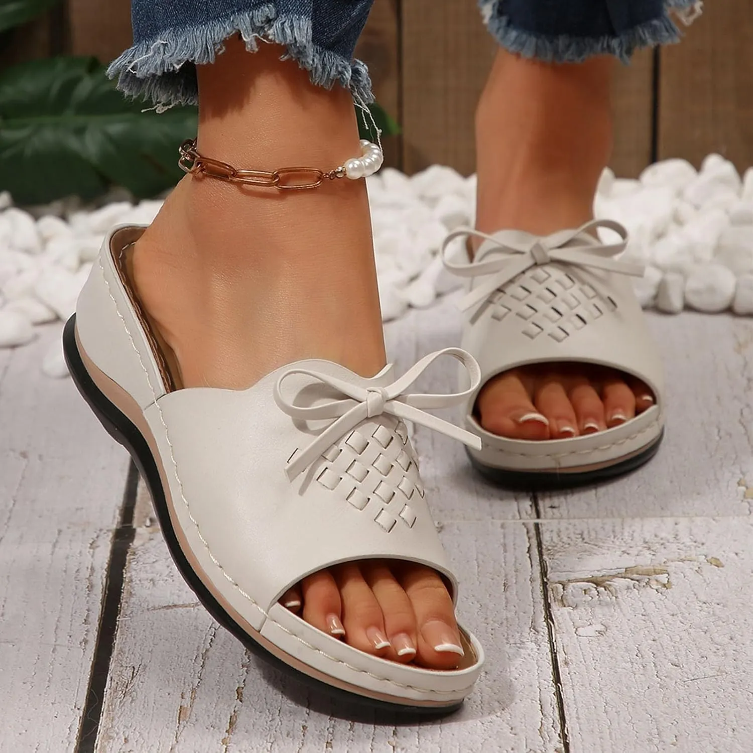 Women Arch Support Slides Comfort Walking Sandal Dressy Casual Bow Orthotic Slip on Sandals Orthopedic Sandales