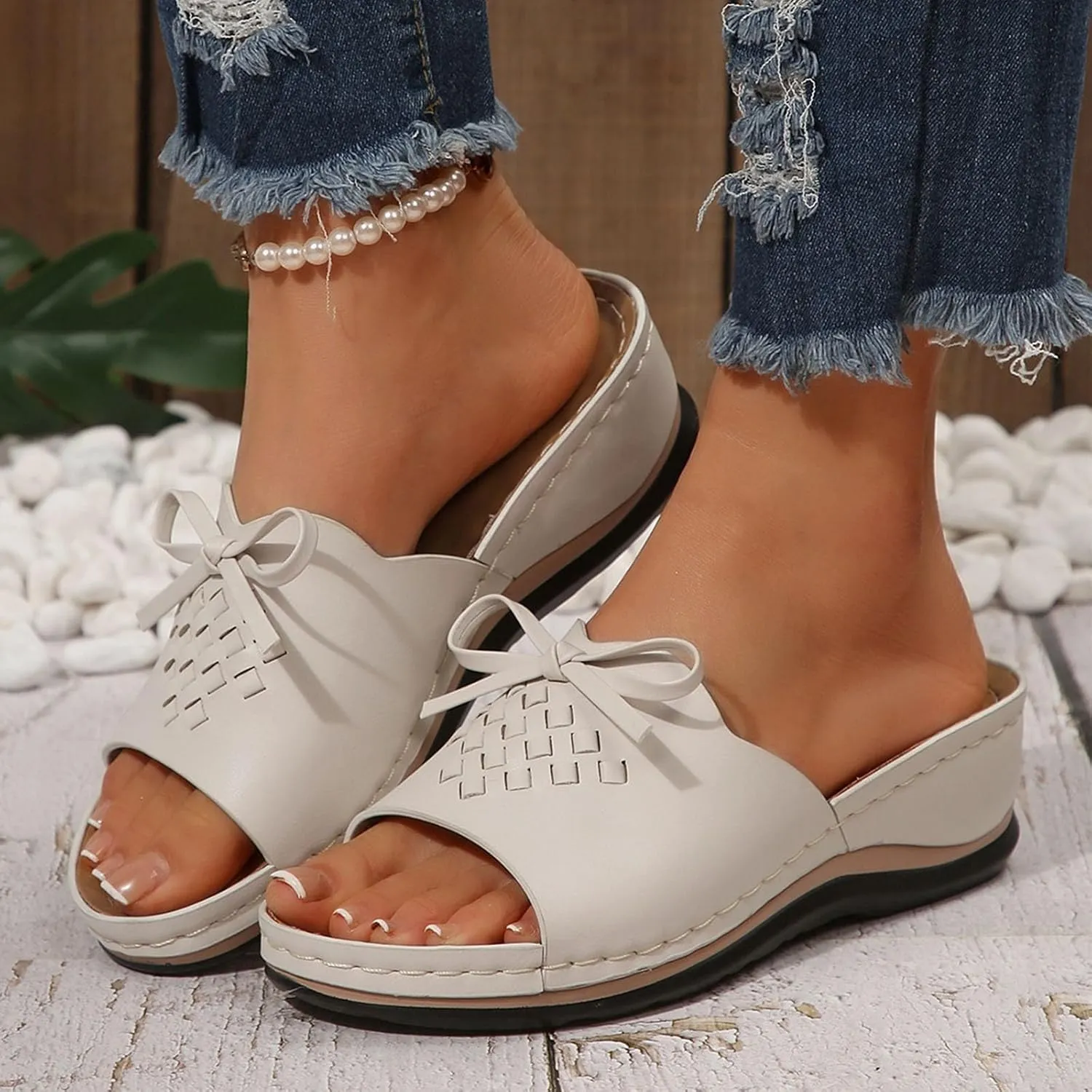 Women Arch Support Slides Comfort Walking Sandal Dressy Casual Bow Orthotic Slip on Sandals Orthopedic Sandales