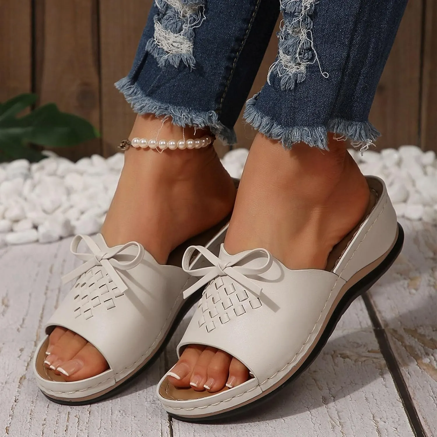 Women Arch Support Slides Comfort Walking Sandal Dressy Casual Bow Orthotic Slip on Sandals Orthopedic Sandales