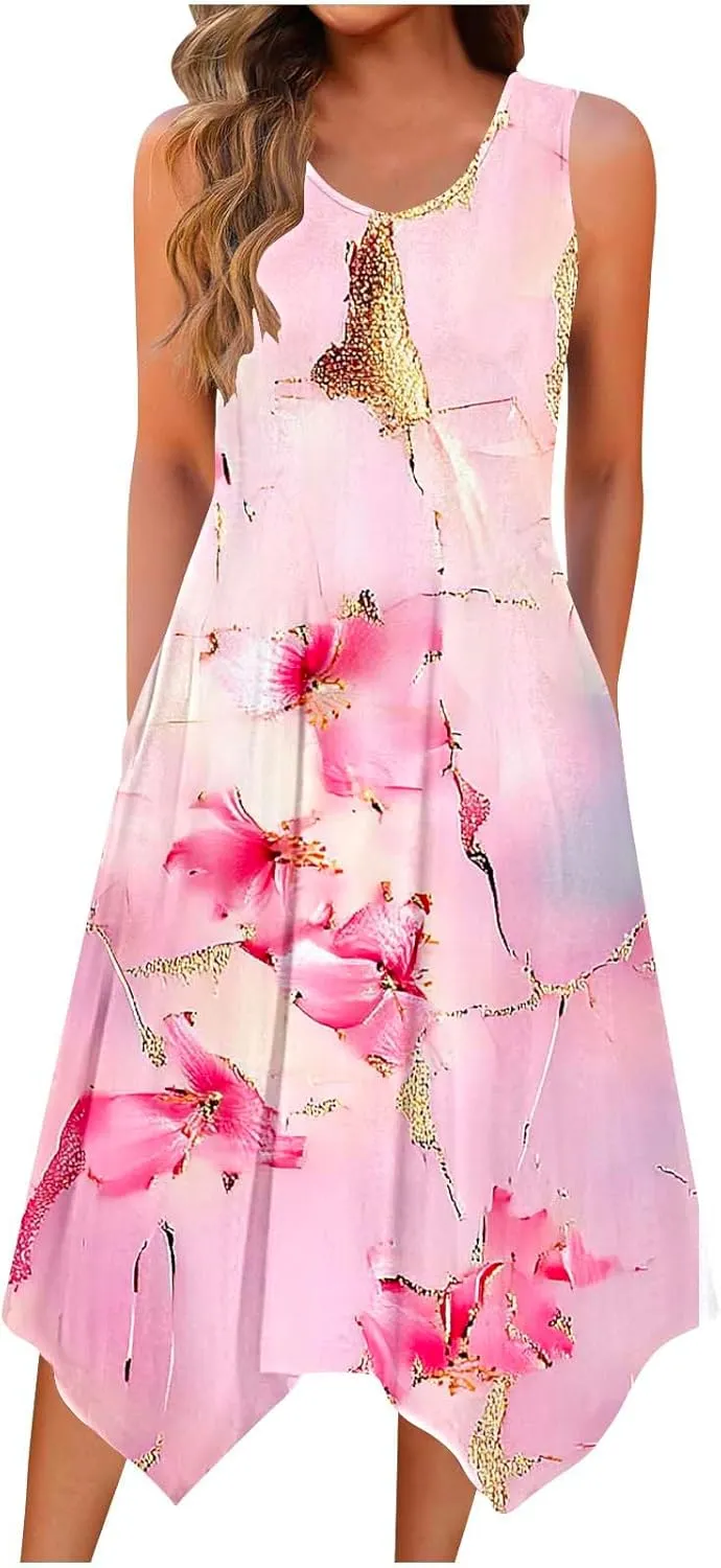 Women Casual Dress Summer Tank Dresses Loose Flowy Beach Dress with Pocket Hankerchief Flare Flowy Midi Sundress 2025