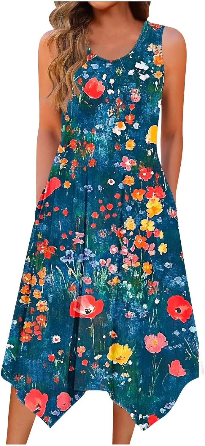 Women Casual Dress Summer Tank Dresses Loose Flowy Beach Dress with Pocket Hankerchief Flare Flowy Midi Sundress 2025