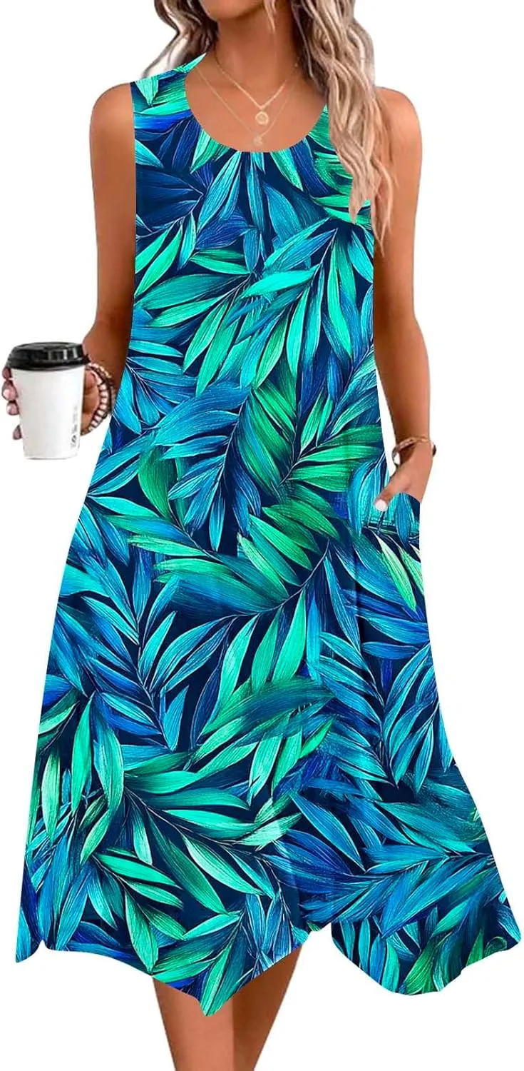 Women Casual Dress Summer Tank Dresses Loose Flowy Beach Dress with Pocket Hankerchief Flare Flowy Midi Sundress 2025
